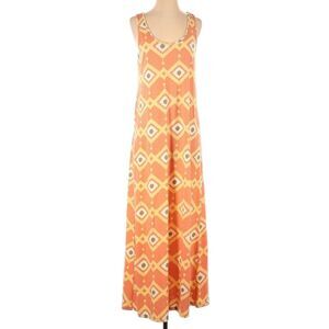 Synergy Organic Cotton Maxi Dress Sleeveless Aztec Tribal Orange Flowy‎ BOHO XS